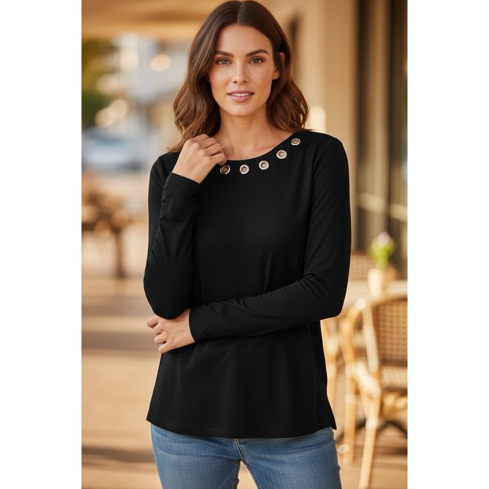 Premise Studio Women’s Black Long Sleeve Top With Eyelet Cutout Detail Office